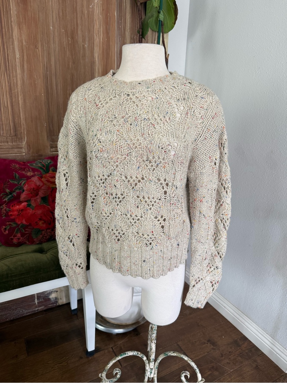 Lucky Brand Women’s Cream Speckled Openwork Knit Sweater